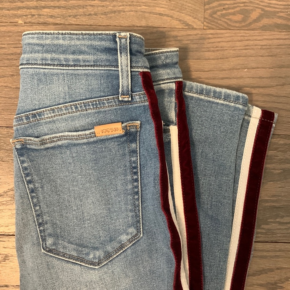 Joe’s blue jeans with maroon and white velvet stripe on side